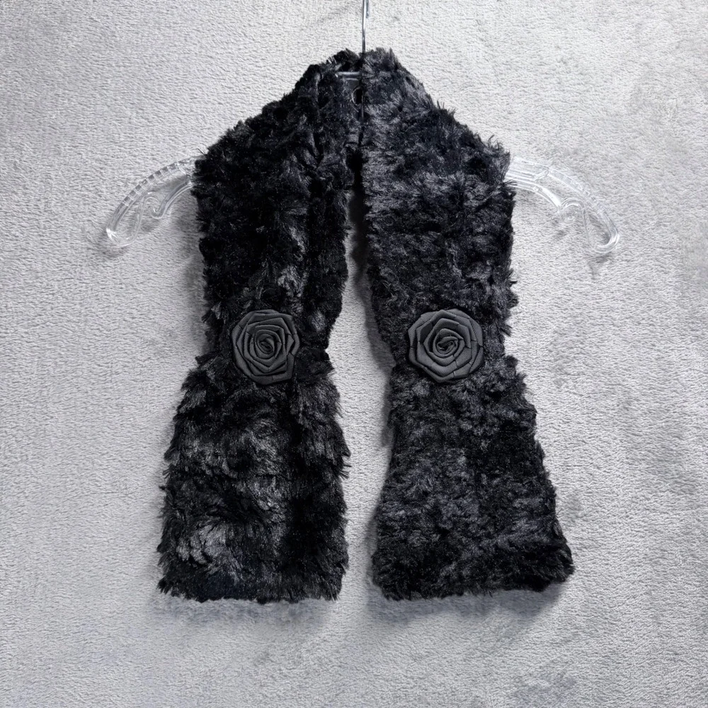 Dennis by Dennis Basso Scarf Women OS Black Faux Fur Rosette Accent Plush Wrap